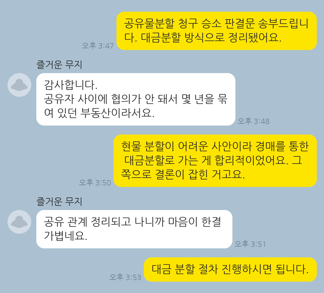 공유자 간 협의가 결렬된 부동산에 대해 공유물분할 판결로 정리한 의뢰인