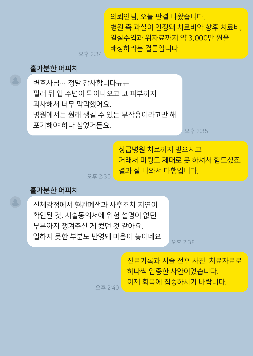 팔자주름 필러 후 입 주변 돌출과 피부괴사 부작용이 발생했으나 의료과실을 입증해 약 3,000만 원을 배상받은 의뢰인